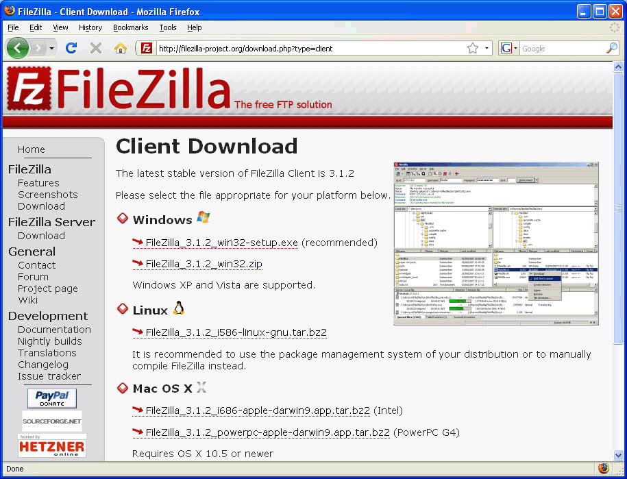 Download Selection Page For FileZilla Client